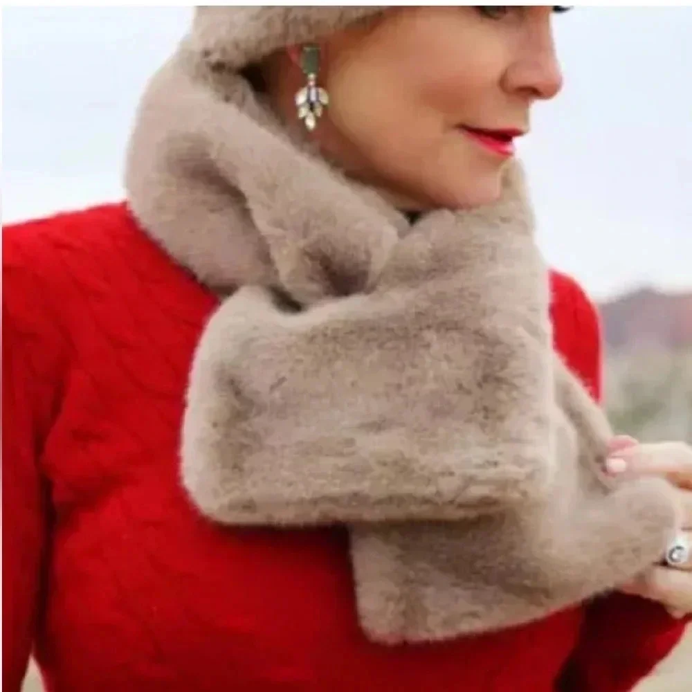 Chico's Scarf & Headband Set Pull Through Faux Fur Tan Brown